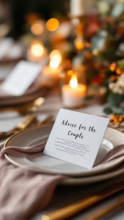 A beautifully arranged wedding table with advice cards for guests to share tips for the couple.