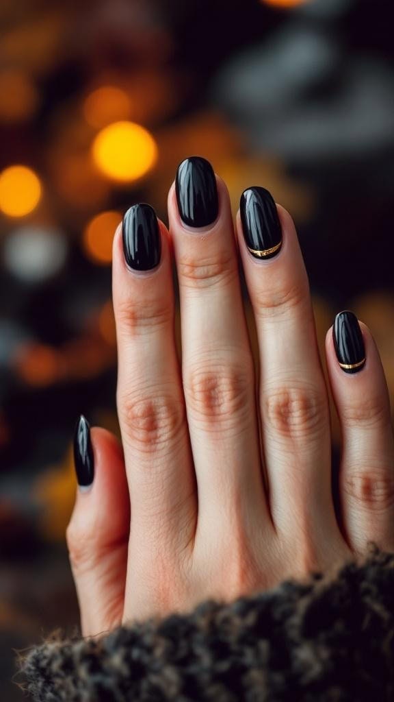 Close-up of hands with black French tip nails featuring a gold stripe, set against a blurred background of warm lights.