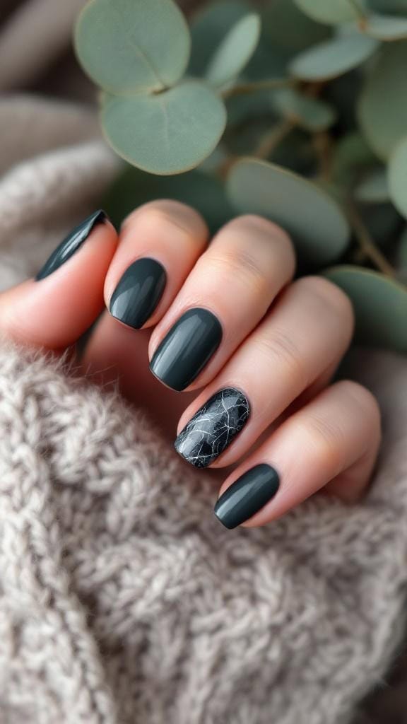 Dark olive nails with a smoky marble accent on a hand wearing a cozy knit sweater.