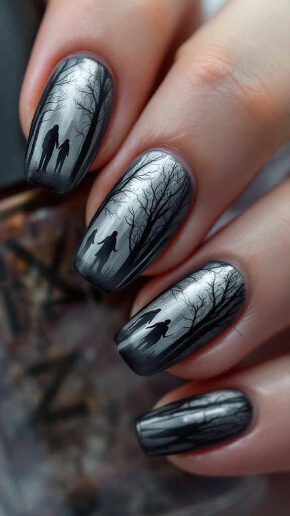 Nail design featuring a foggy forest with silhouettes of people and trees.