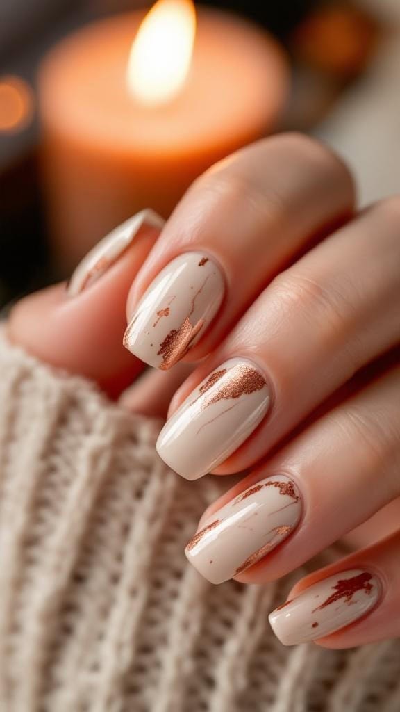 Close-up of hands with copper and cream marble nails, cozy background with a candle