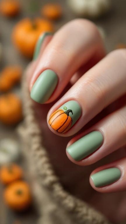 Matte sage green nails with tiny pumpkin art on a cozy background.