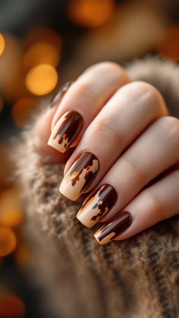 Close-up of brown and cream marble nails with a glossy topcoat.
