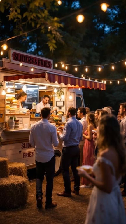 A food truck serving sliders at a wedding reception, with guests enjoying late-night snacks.