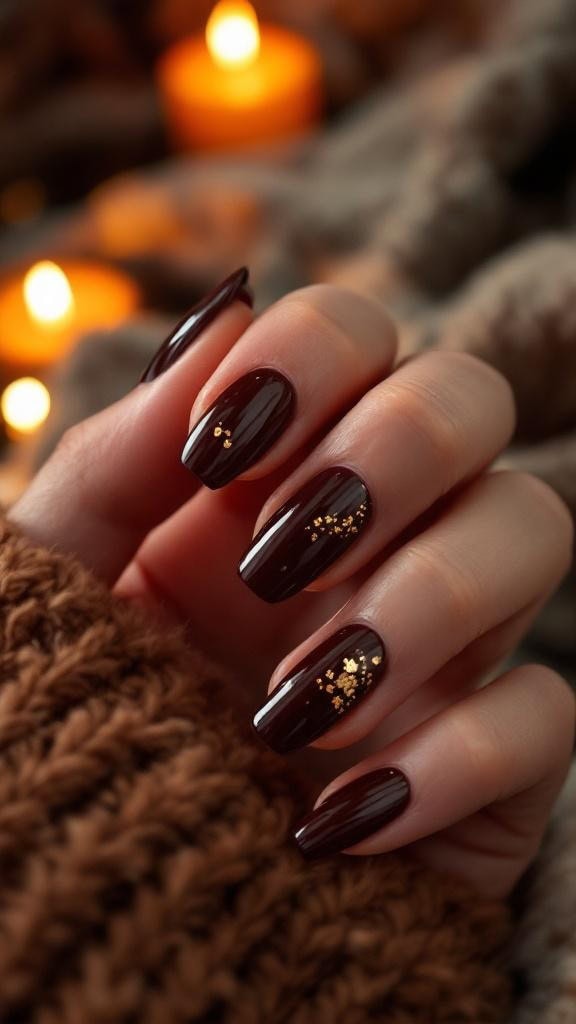 Close-up of hands with rich brown nails featuring gold foil accents, set against a warm, cozy background.