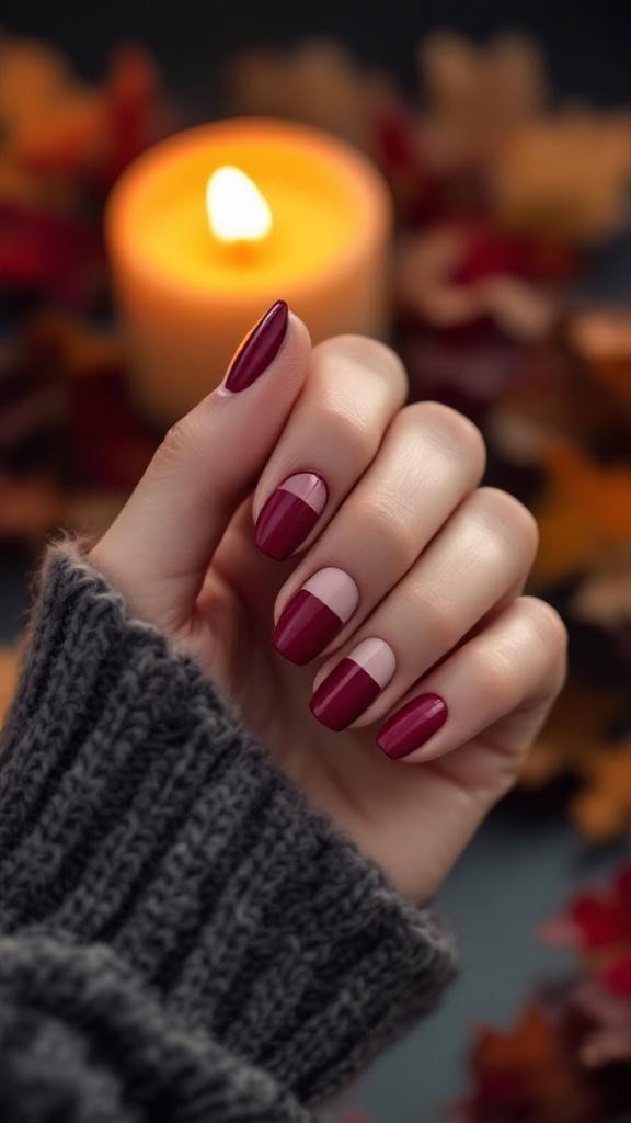 Close-up of hands with burnt sienna and wine split color nails, surrounded by autumn leaves and a candle.