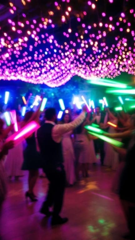 A wedding dance floor with guests using colorful fibre optic glow sticks, creating a vibrant and festive atmosphere.