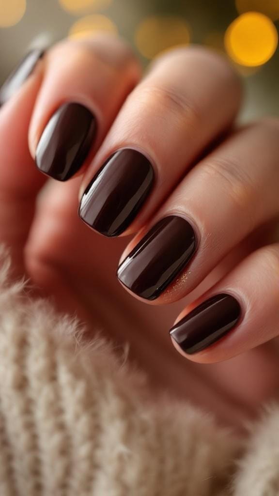 Close-up of glossy deep cocoa nails with sparkle accents