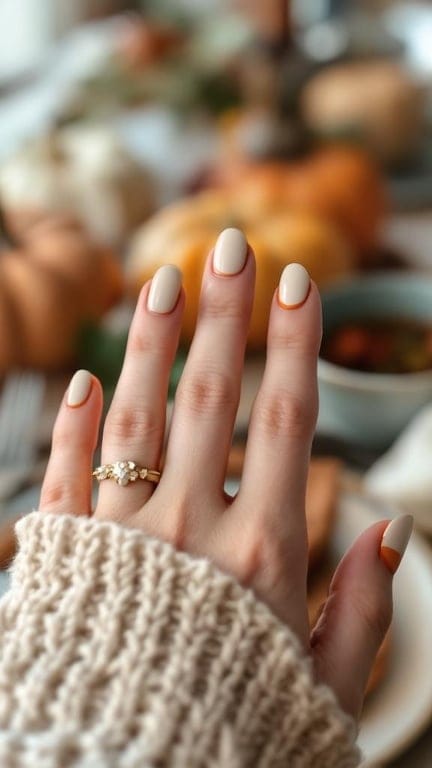 Nails featuring burnt orange and cream half-moon design, with a cozy sweater in the background.