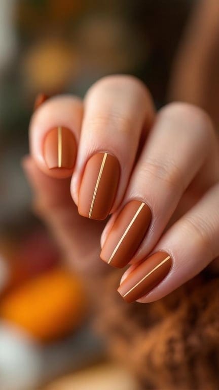 Cinnamon matte nails with minimal gold lines