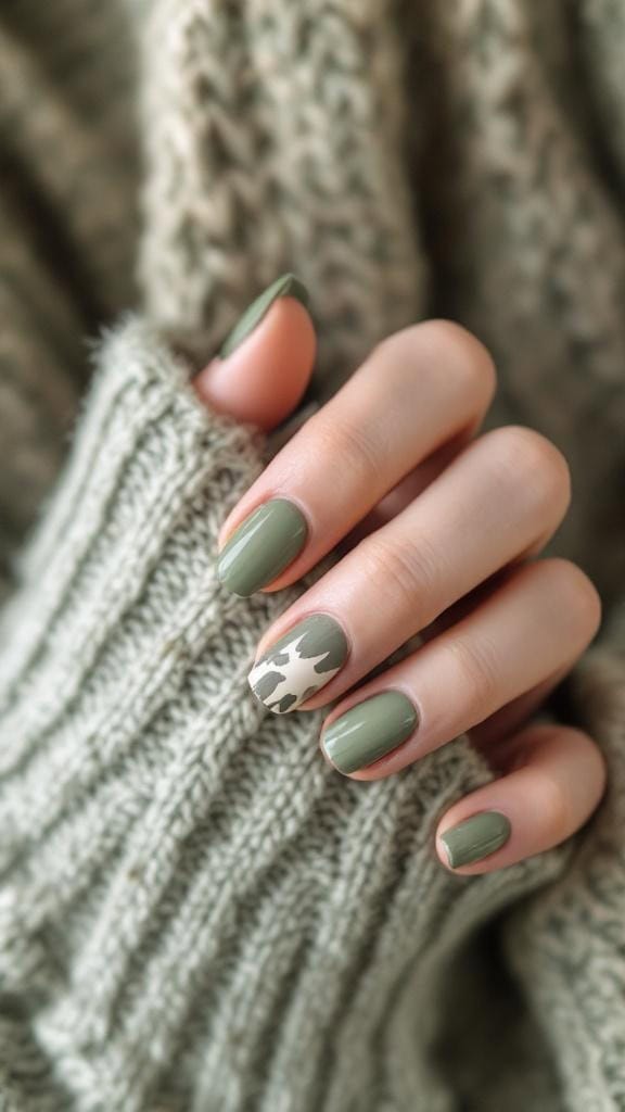 A hand with muted green nails and an abstract accent design, resting on a knitted sweater.