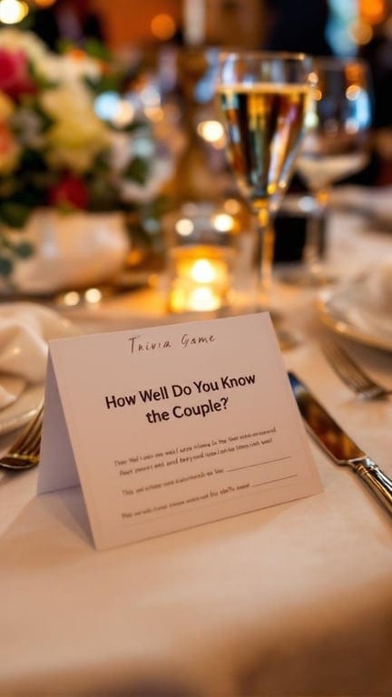 A trivia game sign on a dinner table with guests enjoying the evening.