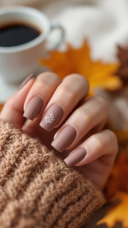 Matte taupe nails with white leaf design, coffee cup, and autumn leaves in the background