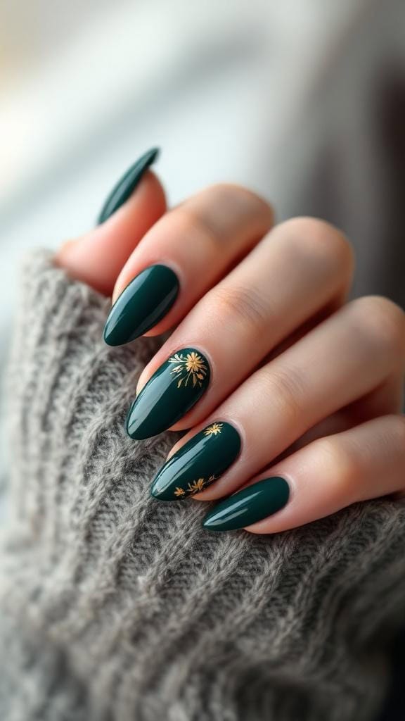 Dark emerald green nails with gold floral accents