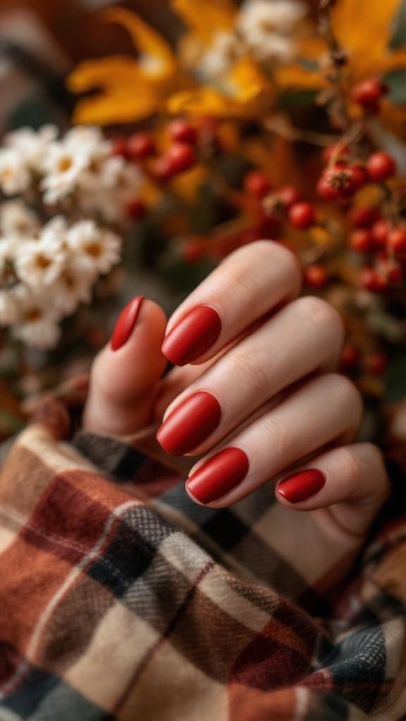 A hand with rust red matte nails, holding a plaid shirt, surrounded by autumn foliage.