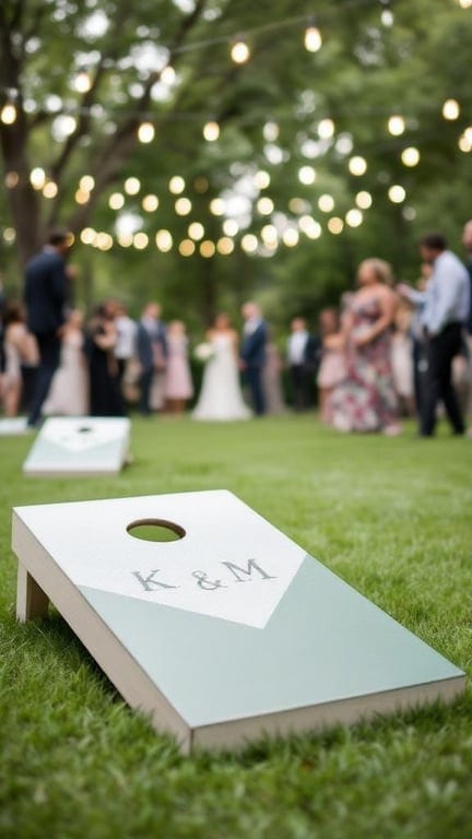 Custom wedding cornhole boards with initials, string lights, and guests in the background