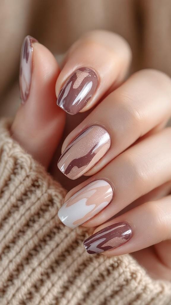 Mauve and beige marble nails with sparkle