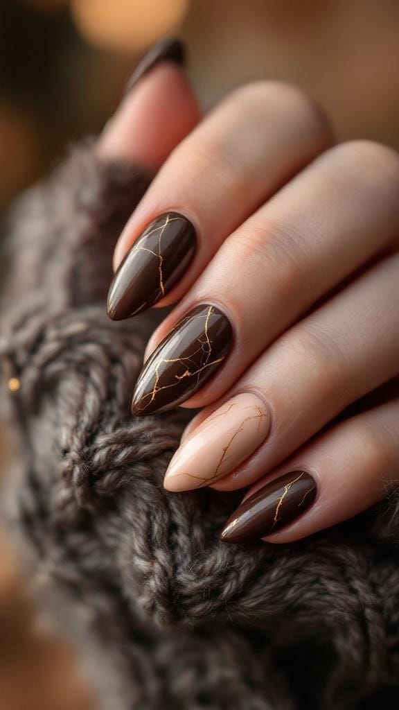 Nails featuring chocolate brown, beige marble, and gold veins design.