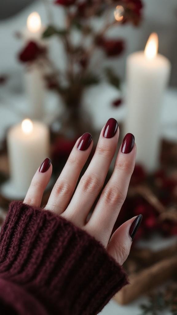 A hand with ox blood nails featuring micro French tips, surrounded by candles and autumn decor.