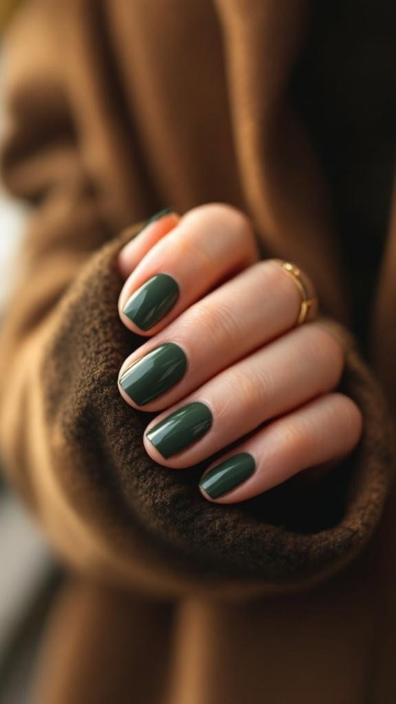 Short nails painted in glossy military green, held against a brown fabric.