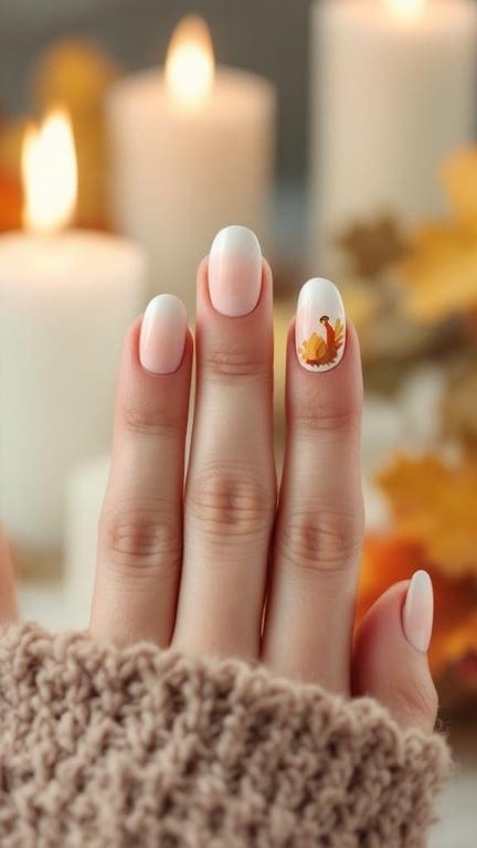 White nails with a watercolor turkey design, surrounded by candles and autumn leaves.