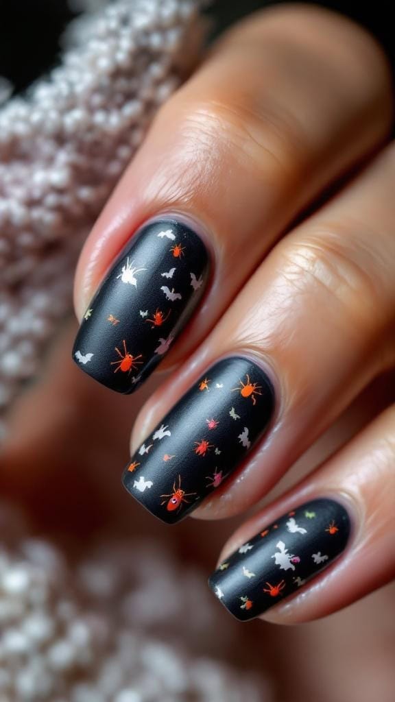Nail design featuring black polish with spider and bee designs for Halloween.