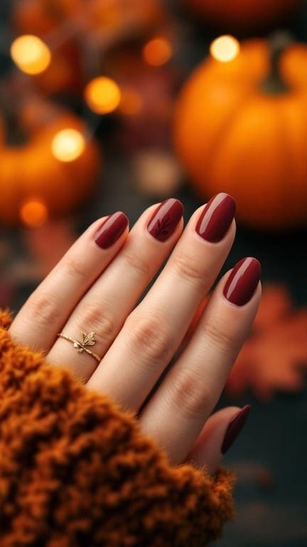 A hand with burgundy nails featuring leaf outlines, wearing a cozy tan sweater.