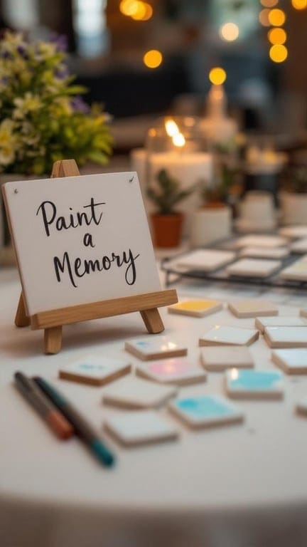 A sign for a Paint-A-Tile Guest Art Station with tiles and markers.