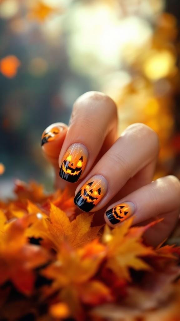 Nail design featuring jack-o'-lantern faces on a fall-themed background