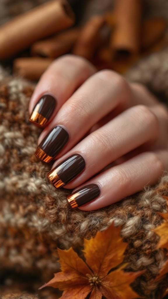 Close-up of chocolate brown nails with chrome tips, set against a cozy autumn background.