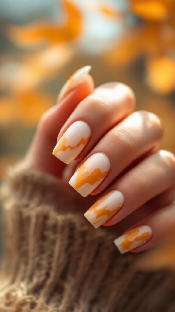 A hand with amber and honey vein marble nails against a backdrop of autumn leaves.