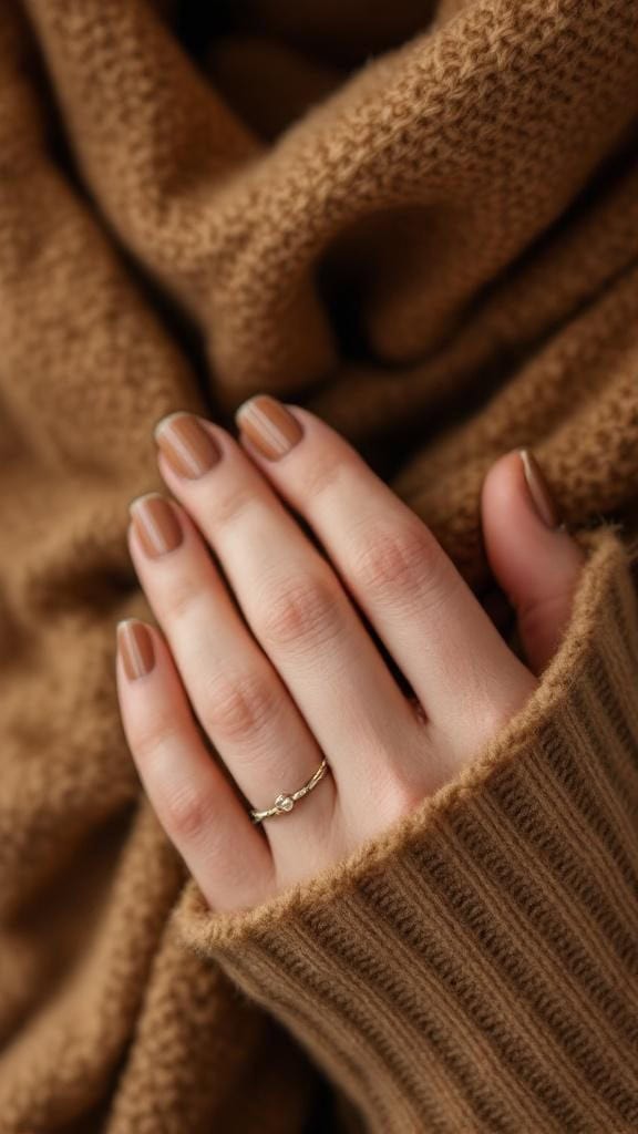 Close-up of hands with caramel-colored nails resting on a brown knitted sweater.