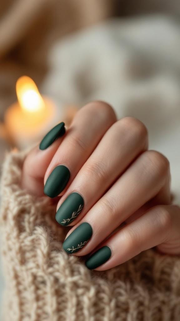 Nails painted in matte deep green with nude leaf line art design