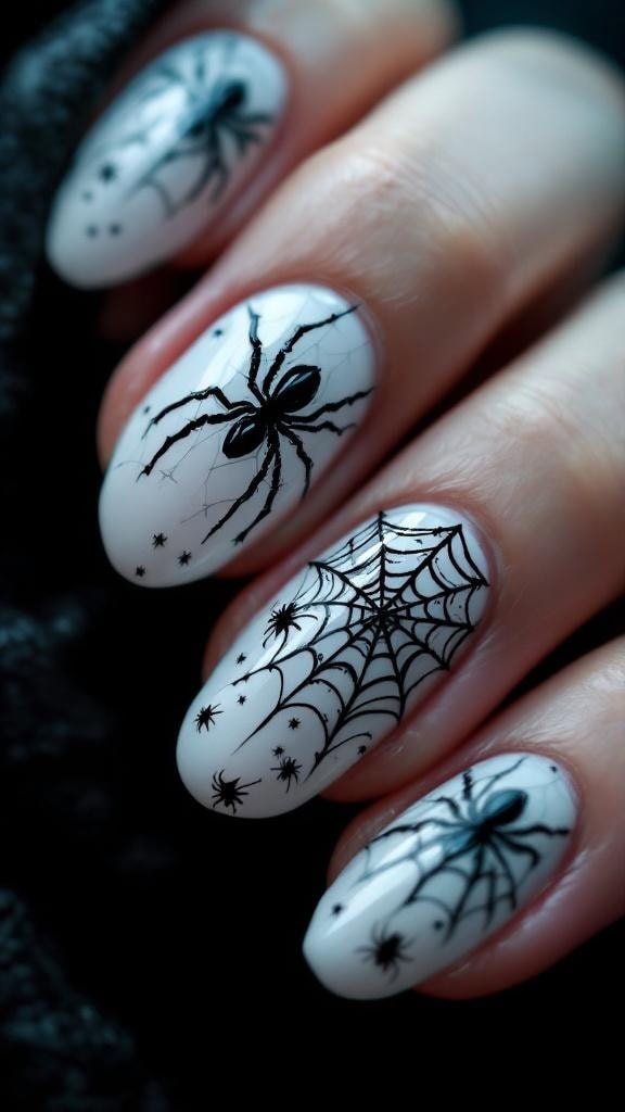 Nails featuring spooky spider web designs and black spiders on a white background.