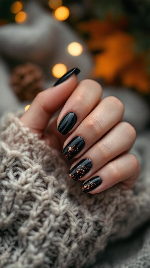 Close-up of hands with black nails featuring copper flake overlay, resting on a knitted sweater.