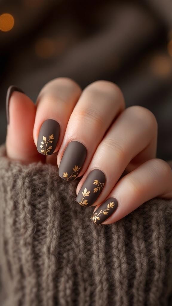 Matte brown nails with leaf print decals on a hand resting on a knitted fabric.