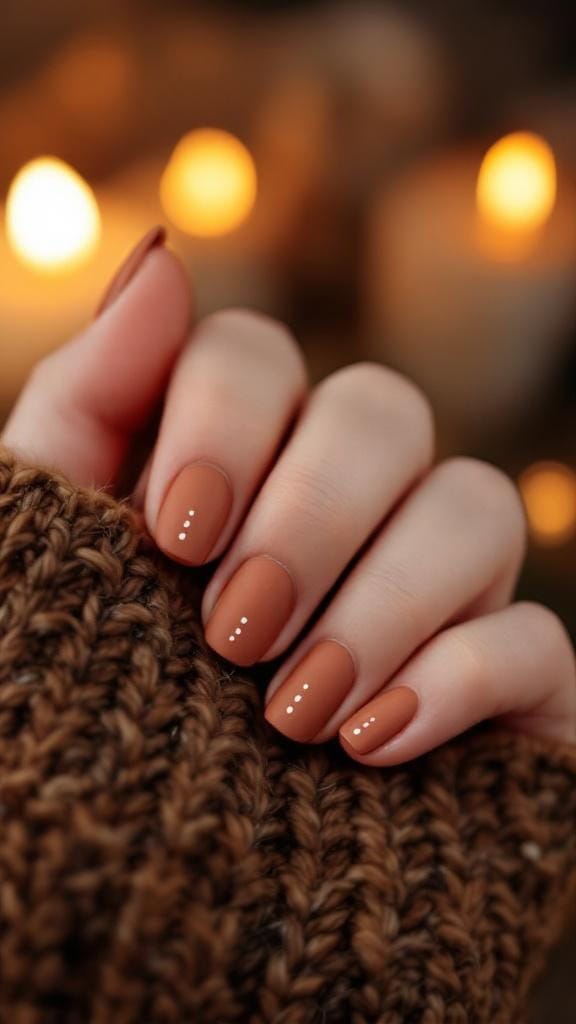 Matte cinnamon brown nails with raised dot accents on a hand resting on a knitted sweater.