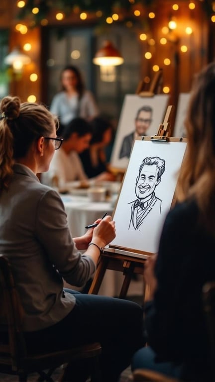 A live caricature artist at a wedding, with guests watching and completed caricatures displayed on easels.