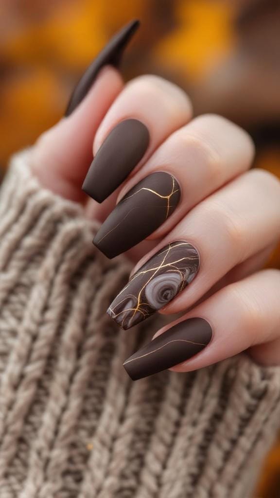 Matte mocha marble nails with gold detail on a hand wearing a cozy sweater.
