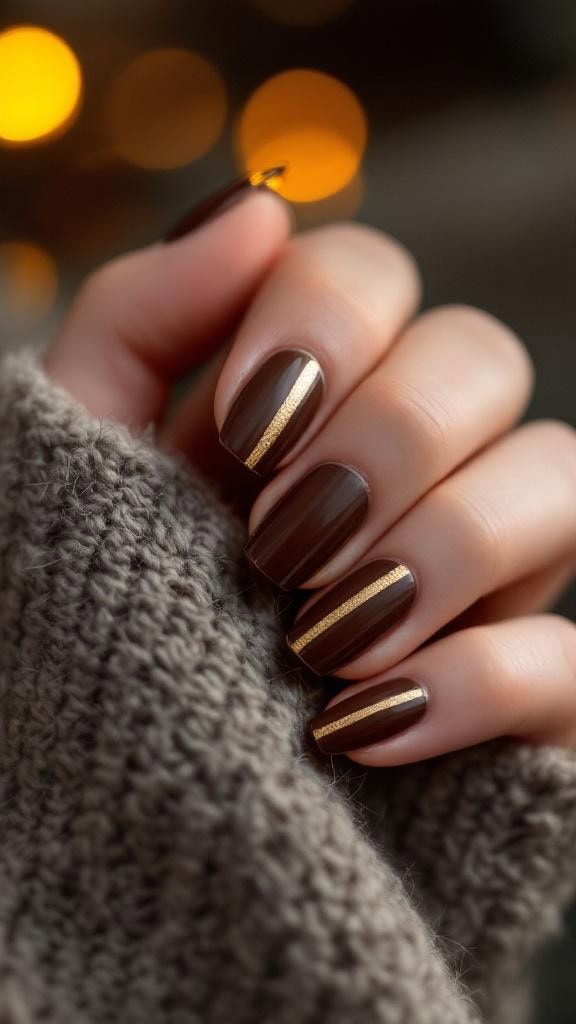 Espresso brown nails with fine gold lines on a hand holding a cozy knitted fabric.