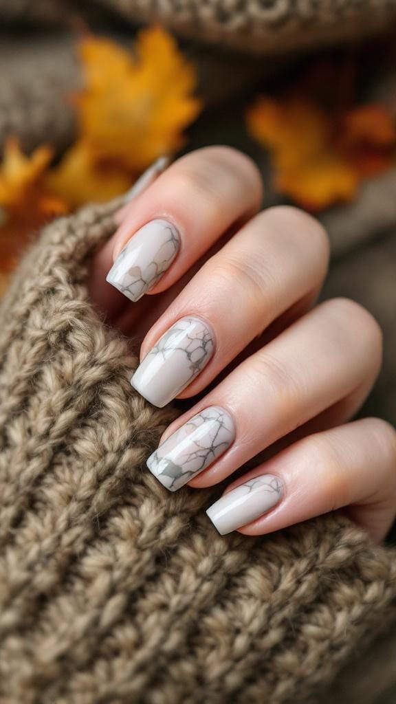 A close-up of olive and taupe marble nails against a knitted background with autumn leaves.