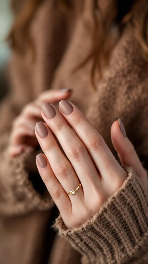 Close-up of matte taupe nails with a shimmered top coat, set against a cozy knitted background.