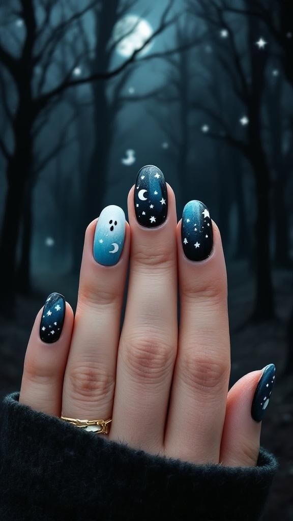 Nail design featuring ghost and moon patterns on a dark background