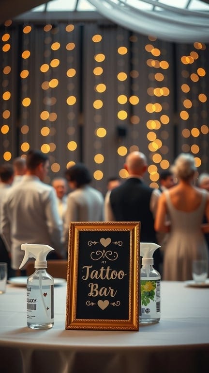 A wedding tattoo bar with a sign and spray bottles, surrounded by guests.