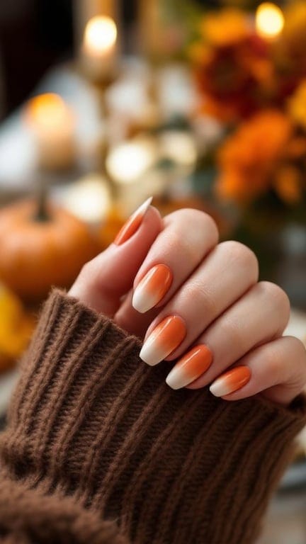 Terracotta ombre fade nails with white tips, set against a warm autumn background.
