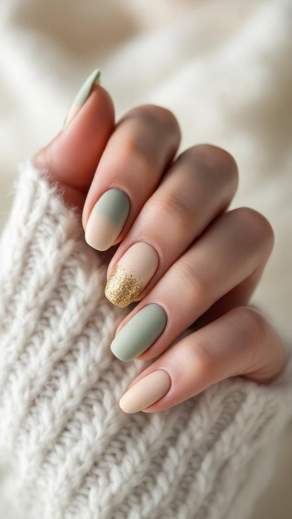 Matte sage green nails with gold glitter gradient on a hand wearing a cozy sweater.