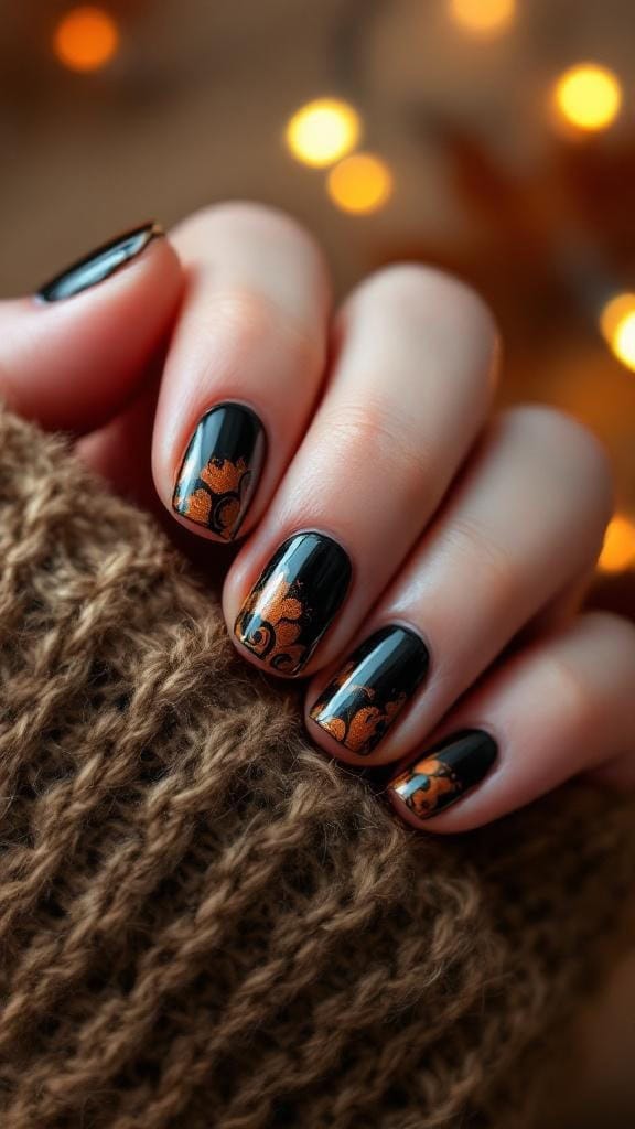 Close-up of black and brown tortoise shell nails on a hand resting on a knitted fabric.
