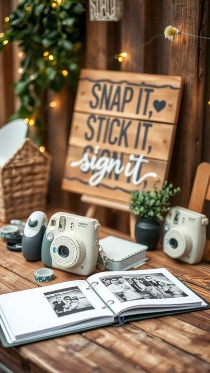 A Polaroid guest book table with cameras, a photo book, and a sign that says 'Snap it, Stick it, Sign it.'