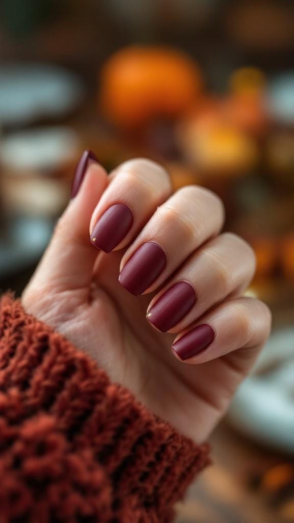 A close-up of hands with matte burgundy nails featuring gold studs at the cuticles, wearing a cozy sweater.
