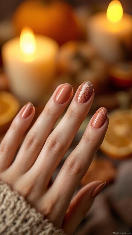 A hand with bronze glitter gradient nails, surrounded by autumn decorations.